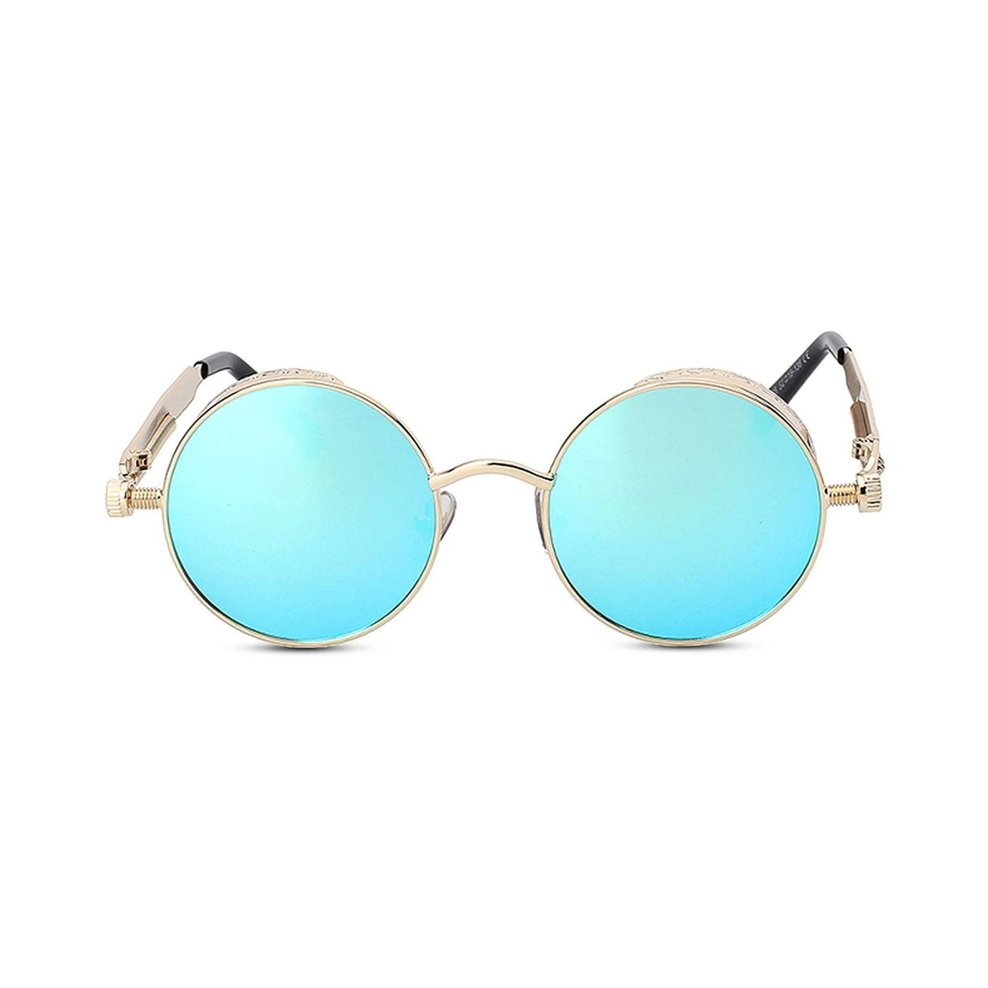 DISC Series Round Steampunk Sunglasses - Gold Frame Blue Mirrored Lens