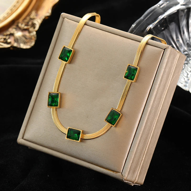 Stainless Steel Square Green Zircon Choker Necklace