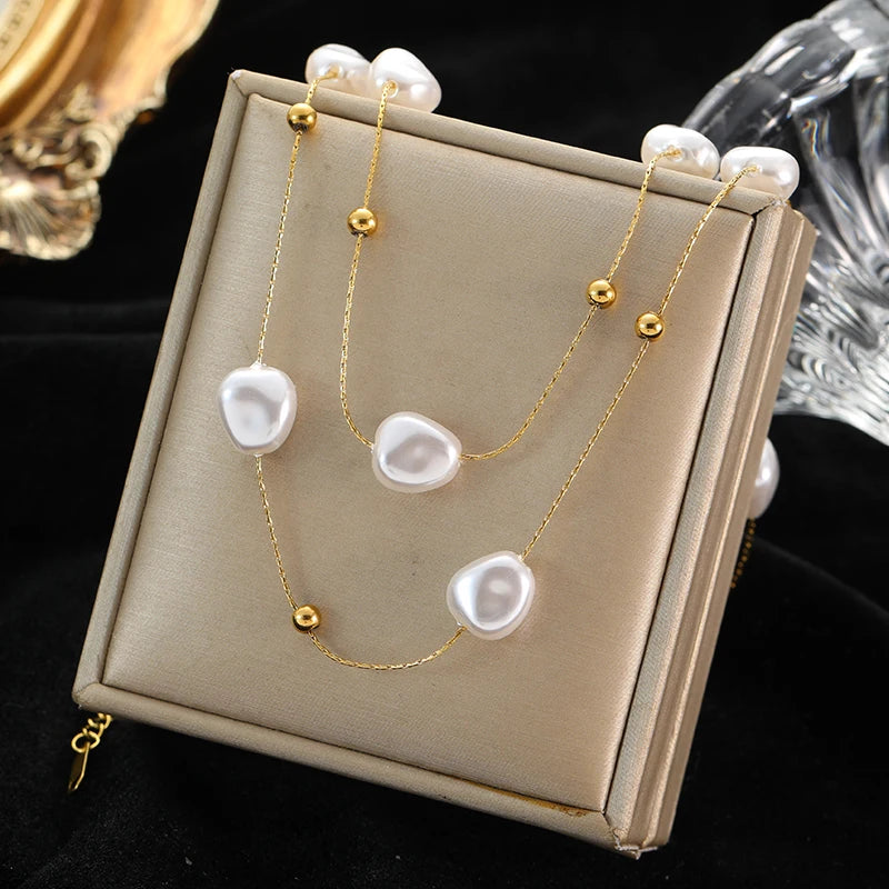 Stainless Steel Multi-layer Pearl Chain Necklace