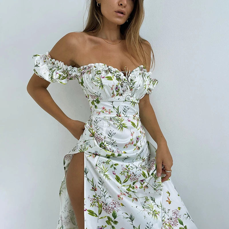 Floral Off Shoulder Puff Sleeve Maxi Dress