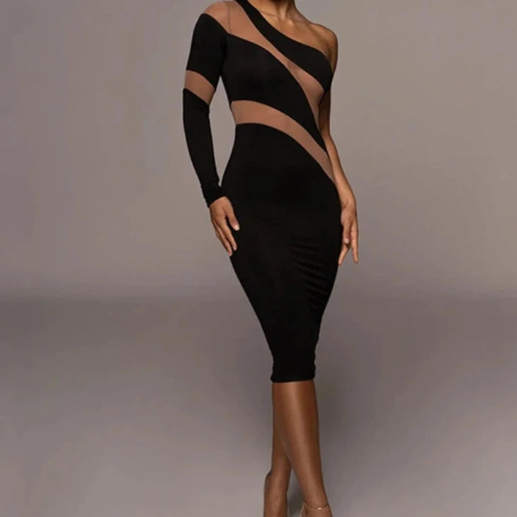 One Shoulder Mesh Sheer Midi Dress