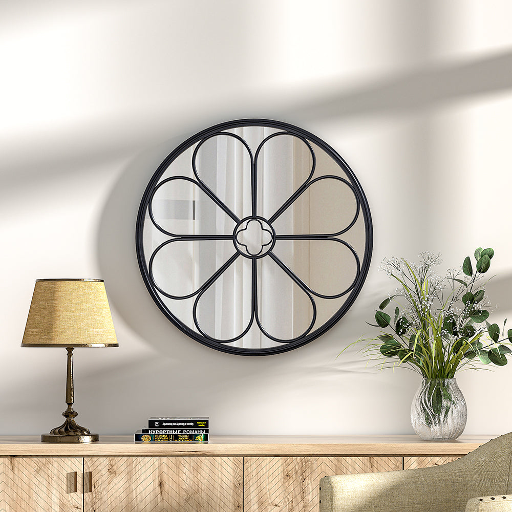 Black 50cm Round Floral Accent Mirror