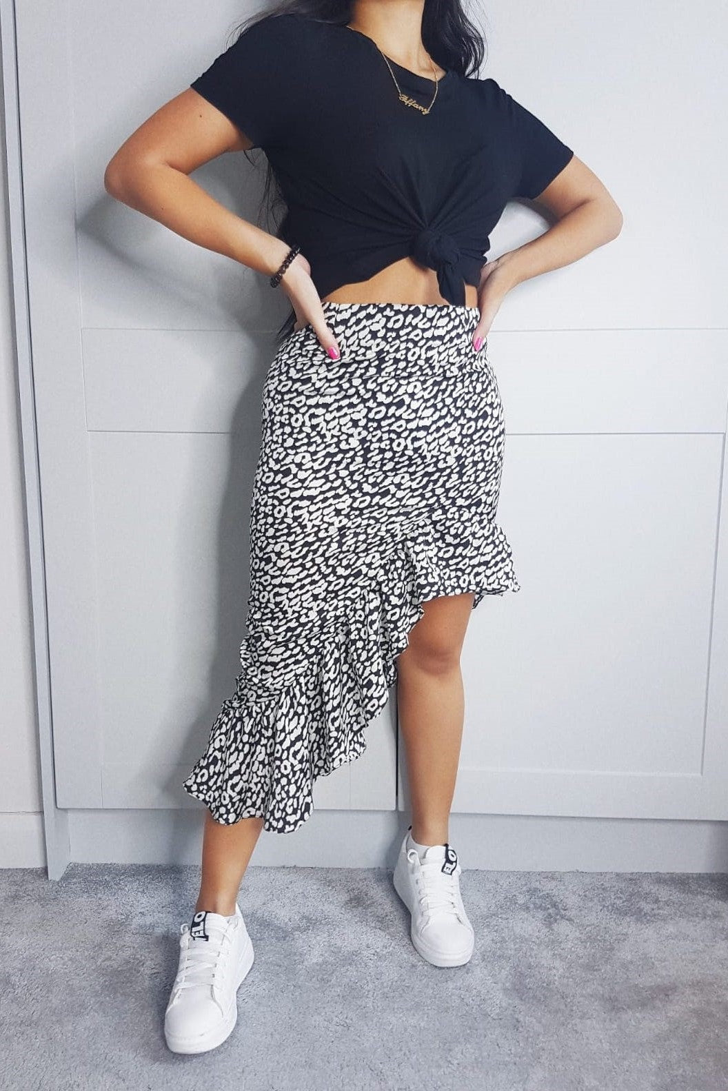Satin Asymmetric Ruffle Hem Midi Skirt