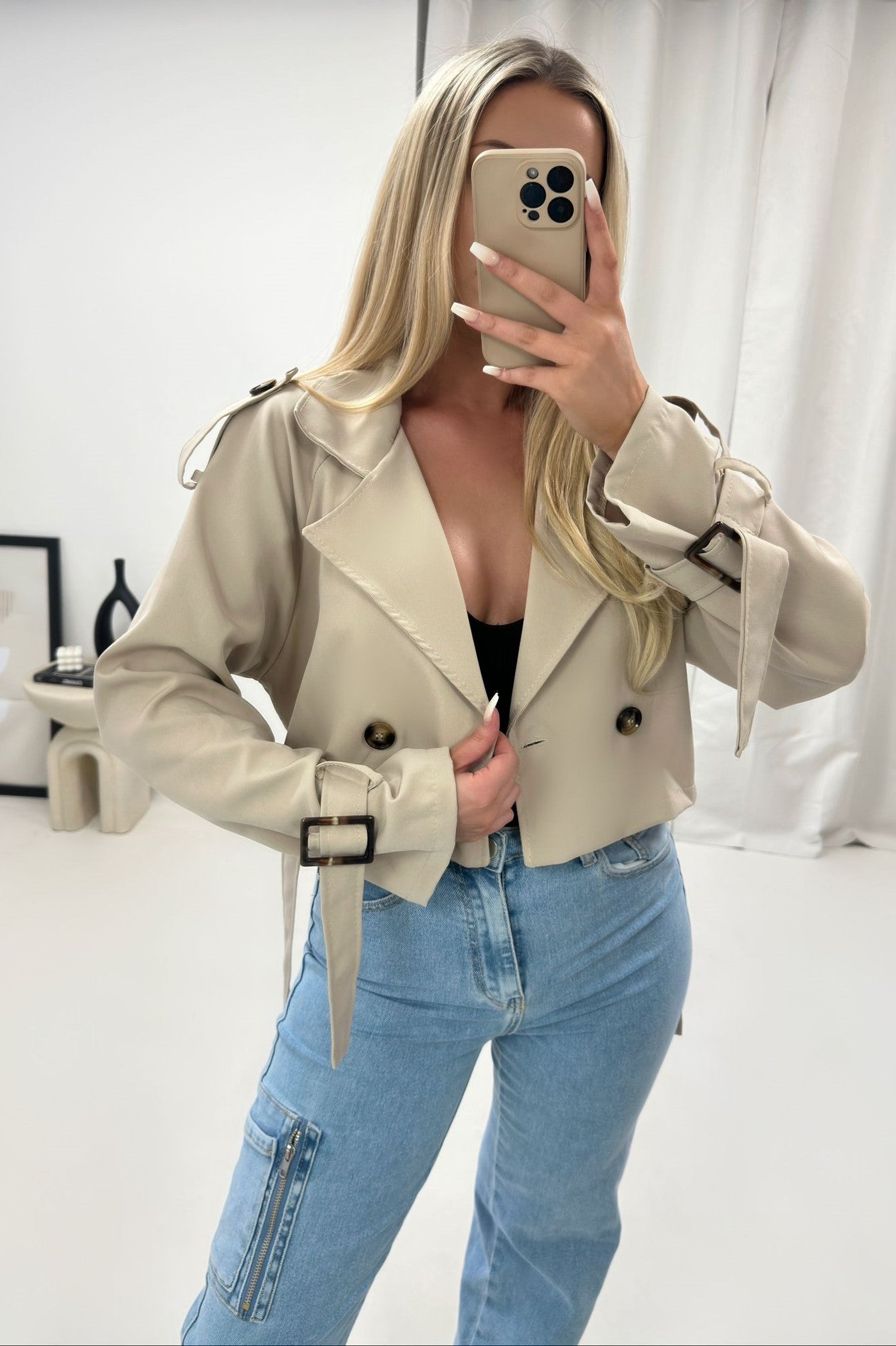 Cropped Trench Coat with Belt and Cuff Straps - 3 colours