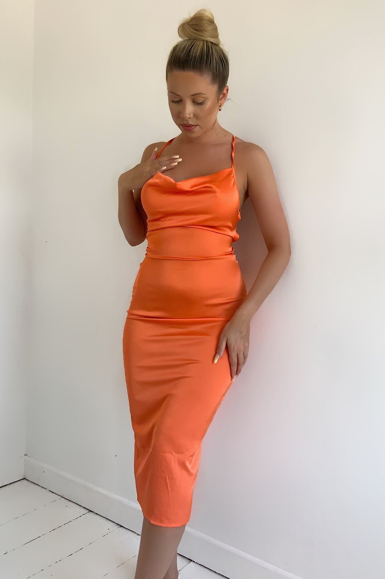 Satin Cowl Neck Midi Dress with Lace Up Back