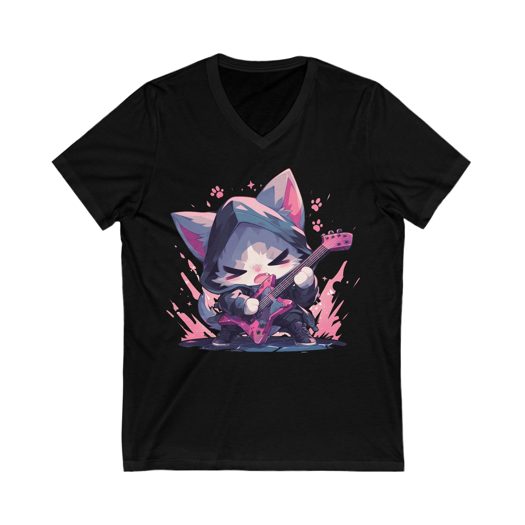 Cute Rocker Cat Playing Guitar V-Neck T-Shirt