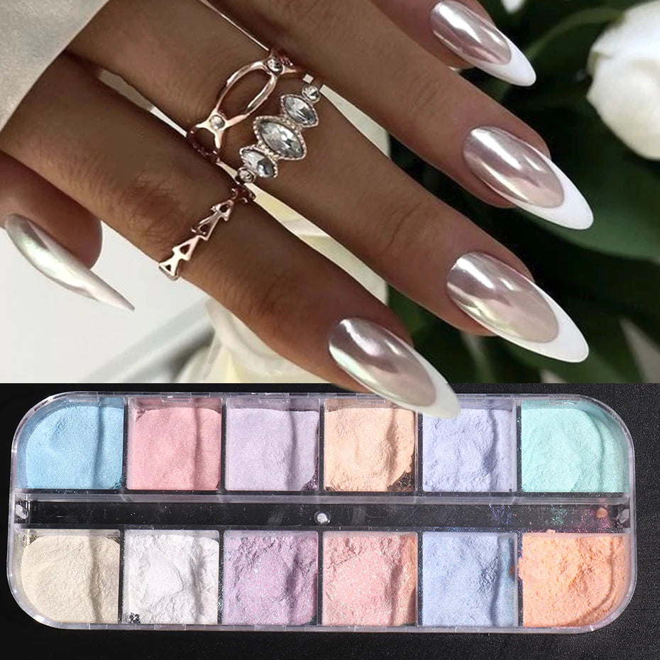 12 Poudres Aurora Nail Glitter Iridescent Chrome pour Déco Manucure