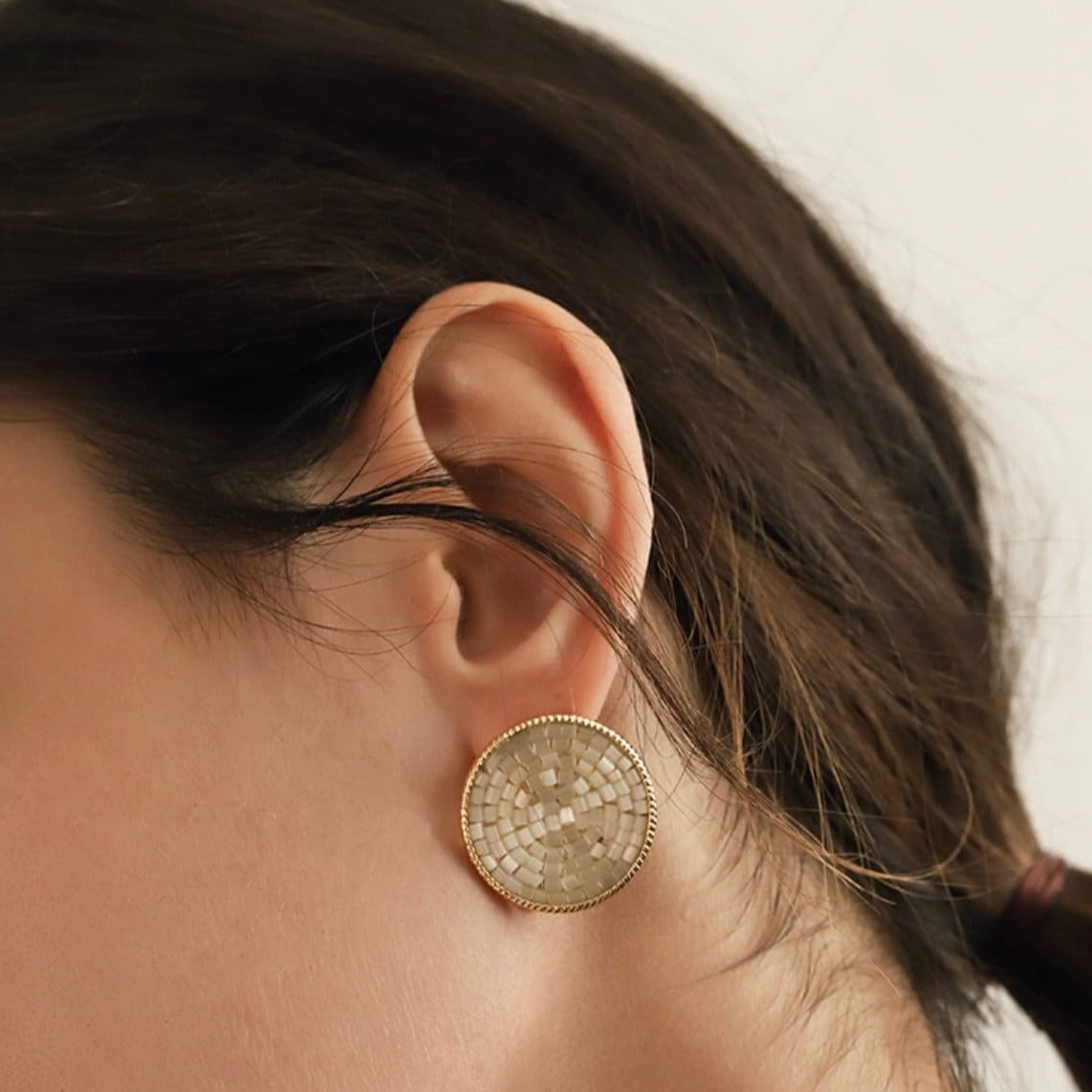 Gold disc (Disk) stone shape earrings with gold frame