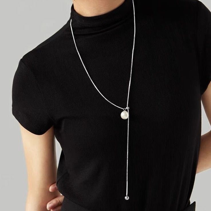 Long Silver Pearl Adjustable Necklace
