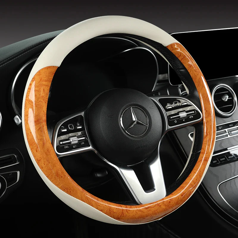 Non-slip and Wear-resistant Universal Car Steering Wheel Cover Spliced with Brightly Leather and Crystal Wood Grain