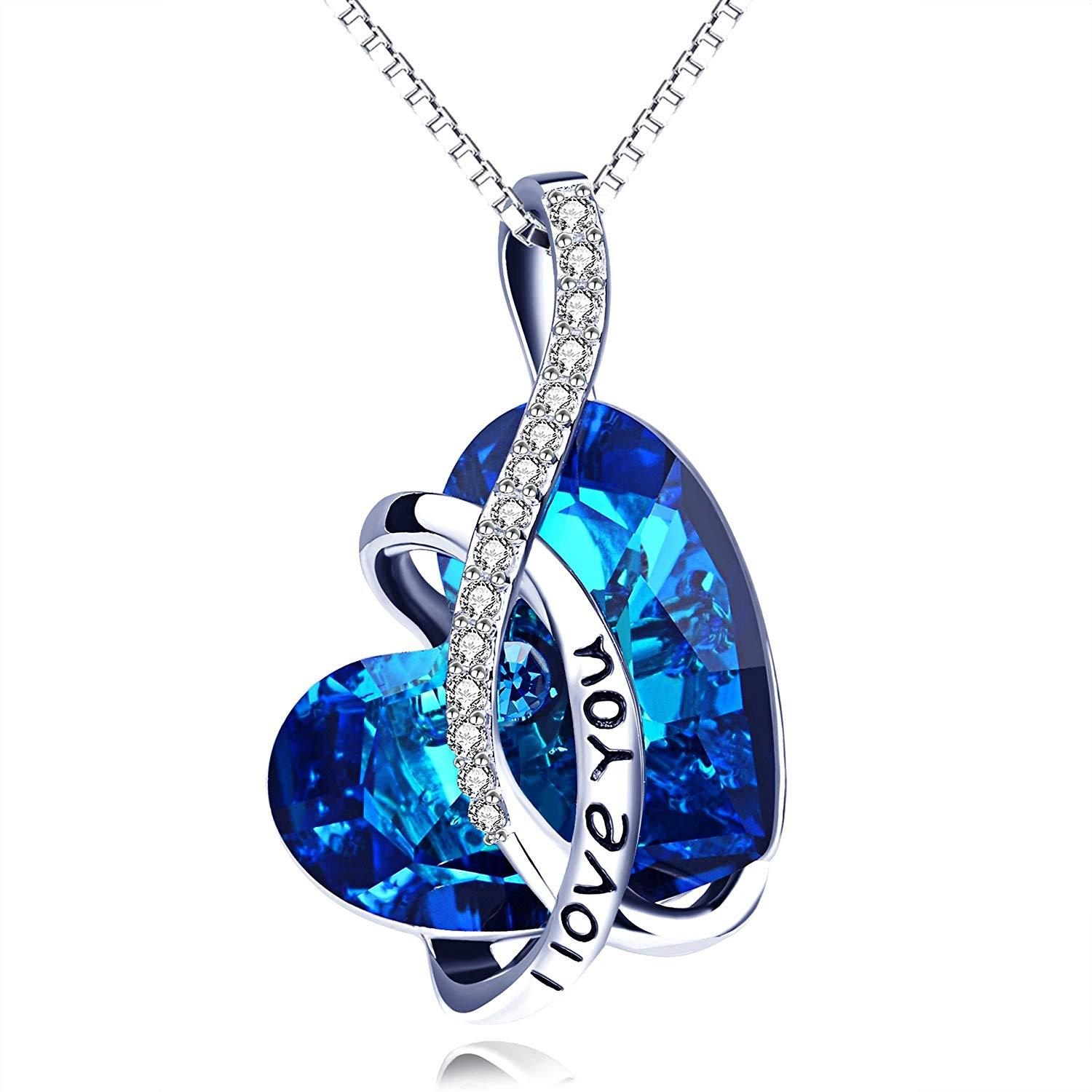 Collana Bermuda Blue Austrian Elements "I Love You" in Oro Bianco 18K