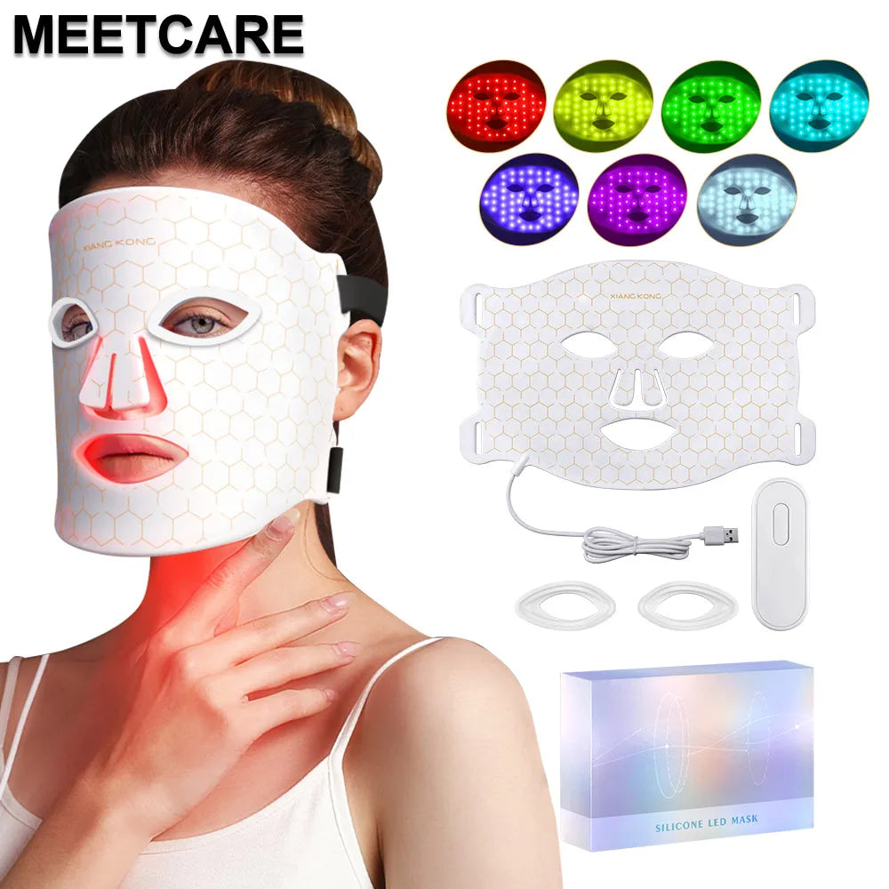 7 Colors LED Face Mask Silicone Gel Red Light Therapy Photon Silicone Facial Mask for Oil Control Repair Tightening Pigmentation