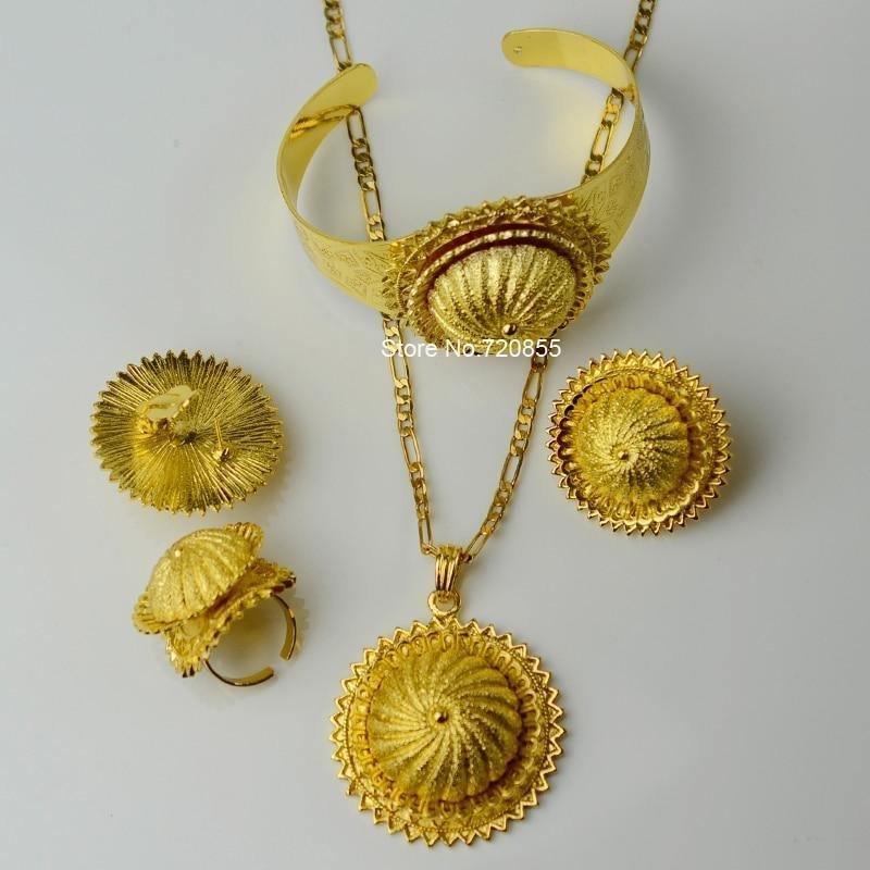 Big Ethiopian Chain Necklace Pendant Earring Ring Bangle Set Jewelry Gold Color African Eritrea Wedding Women