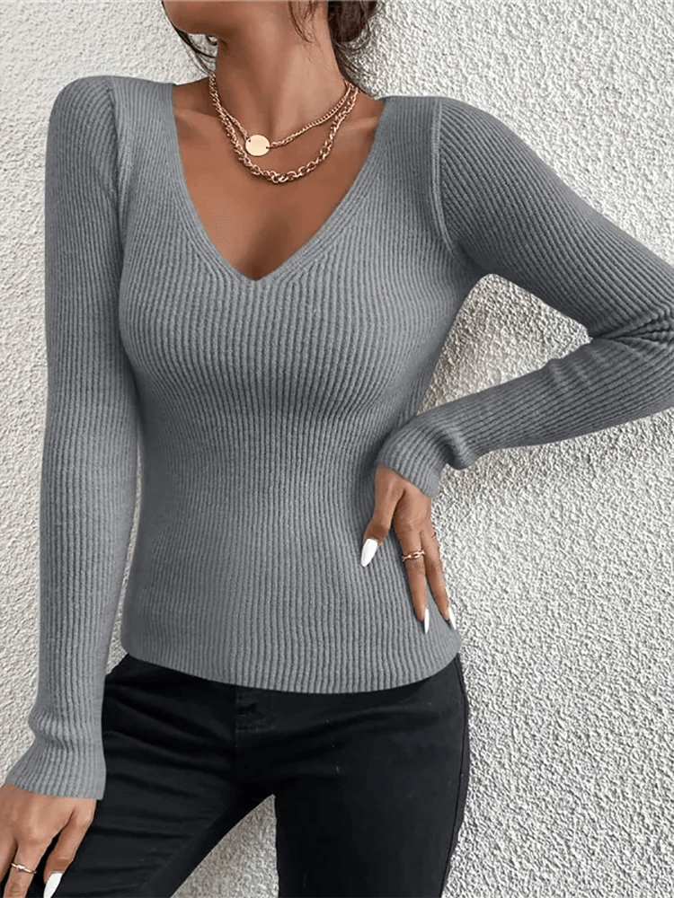 Solid Rib Knit V Neck Sweater