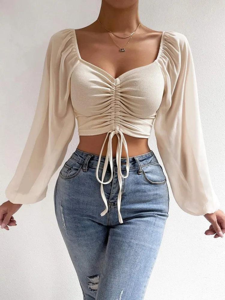 Puff Sleeve Lace up V-neck