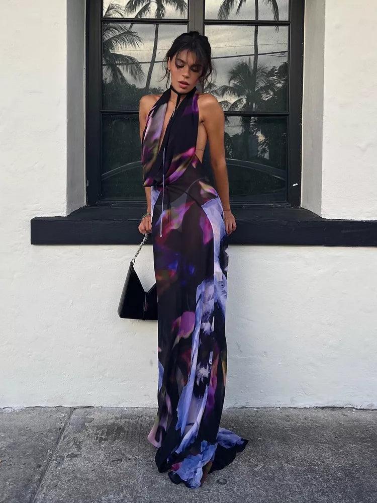 Backless Maxi Dress Purple Print