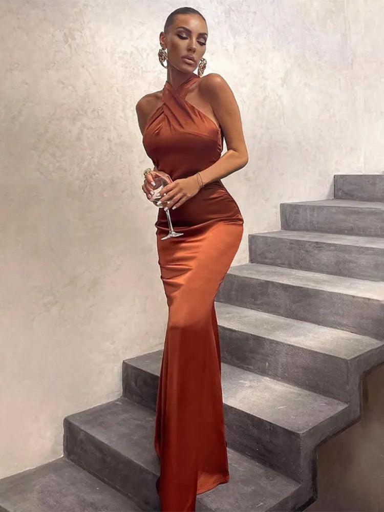 Cross Halter Satin Midi Dress