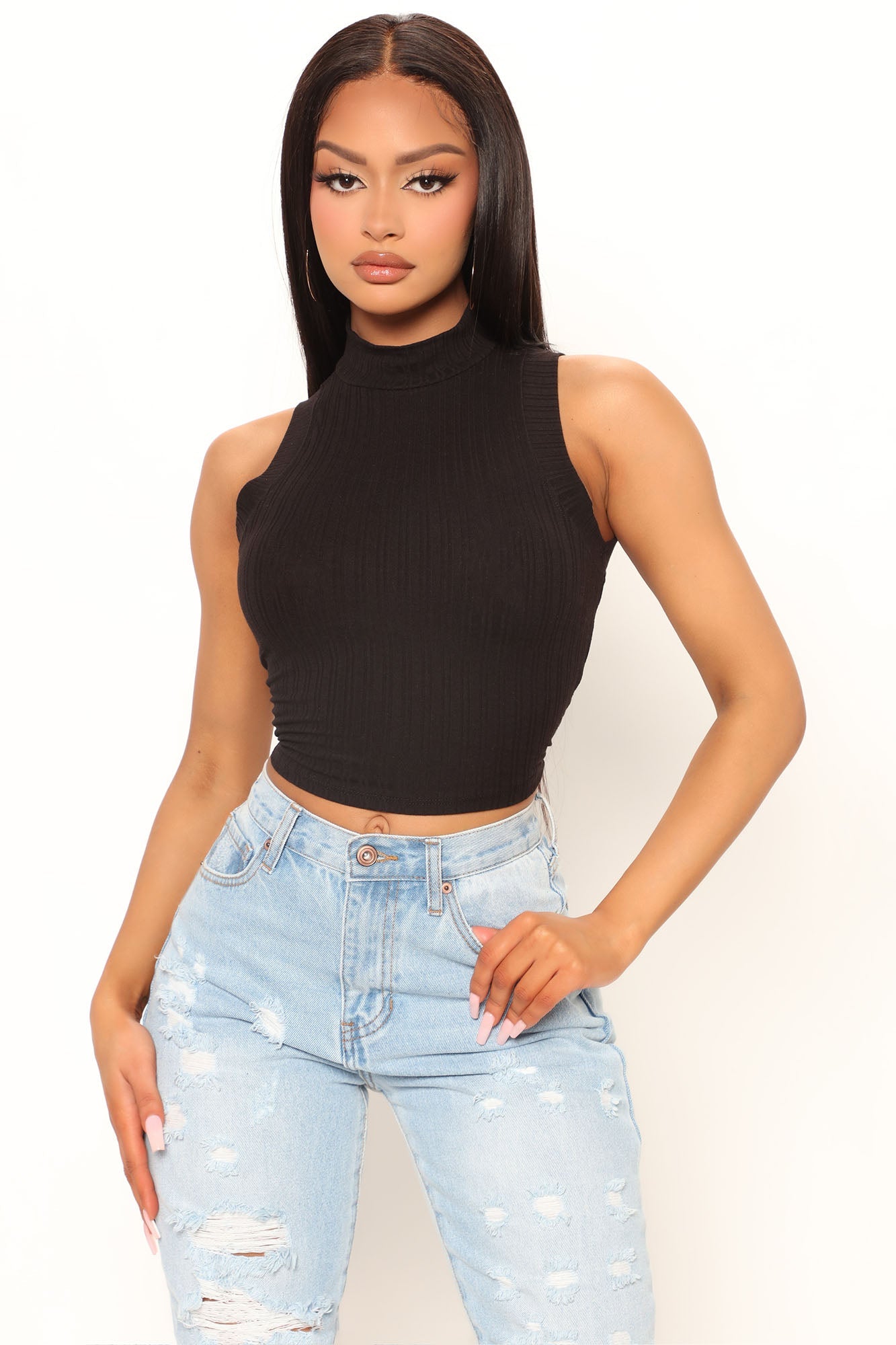 Maya Mock Neck Crop Tank - Black