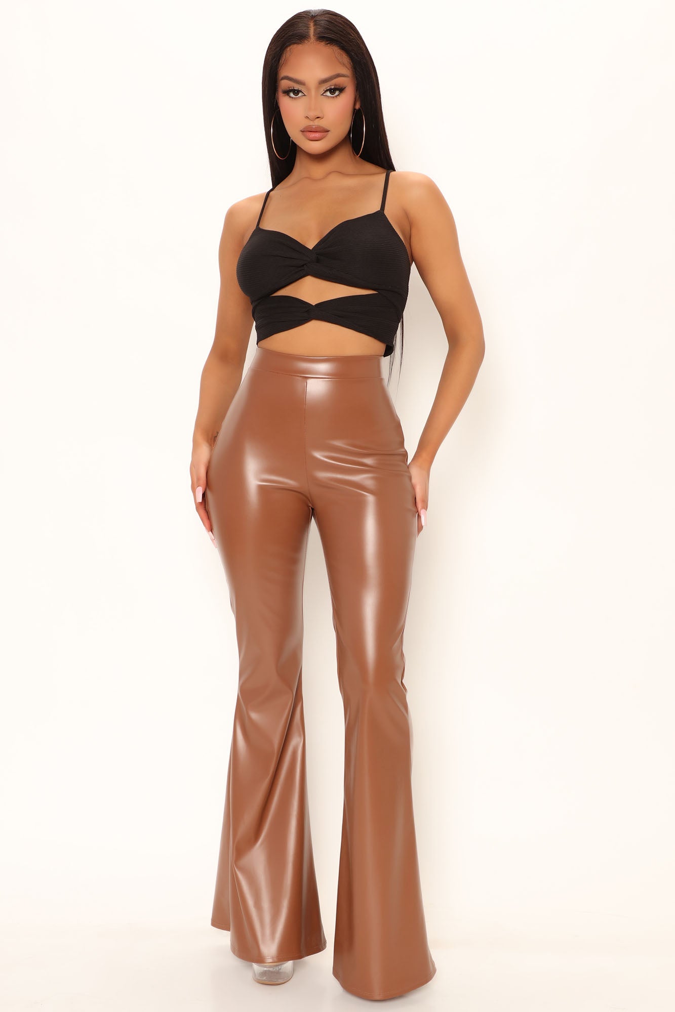 Sassy Faux Leather Flare Pant - Chocolate