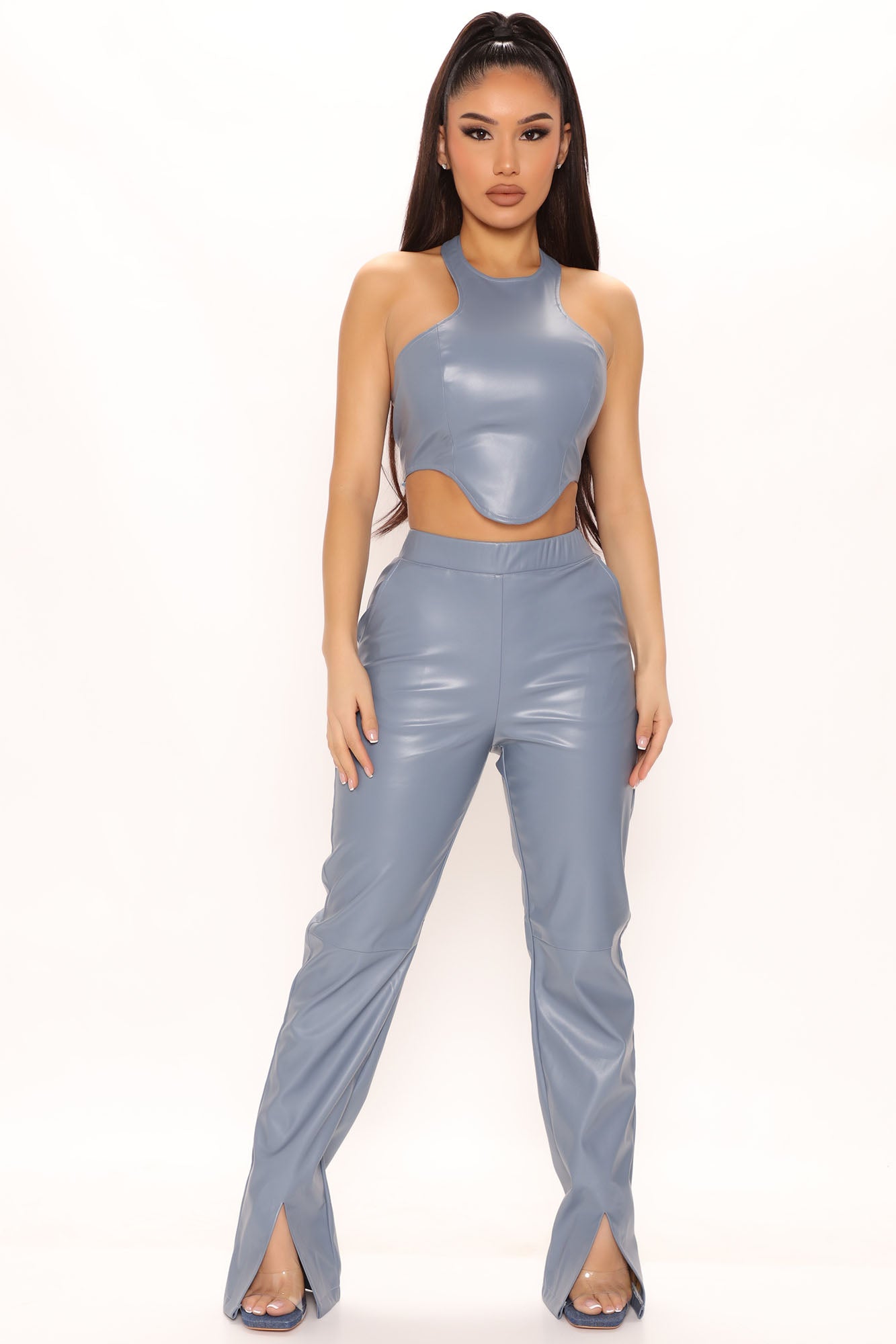 Always Available Faux Leather Pant Set - Slate Blue