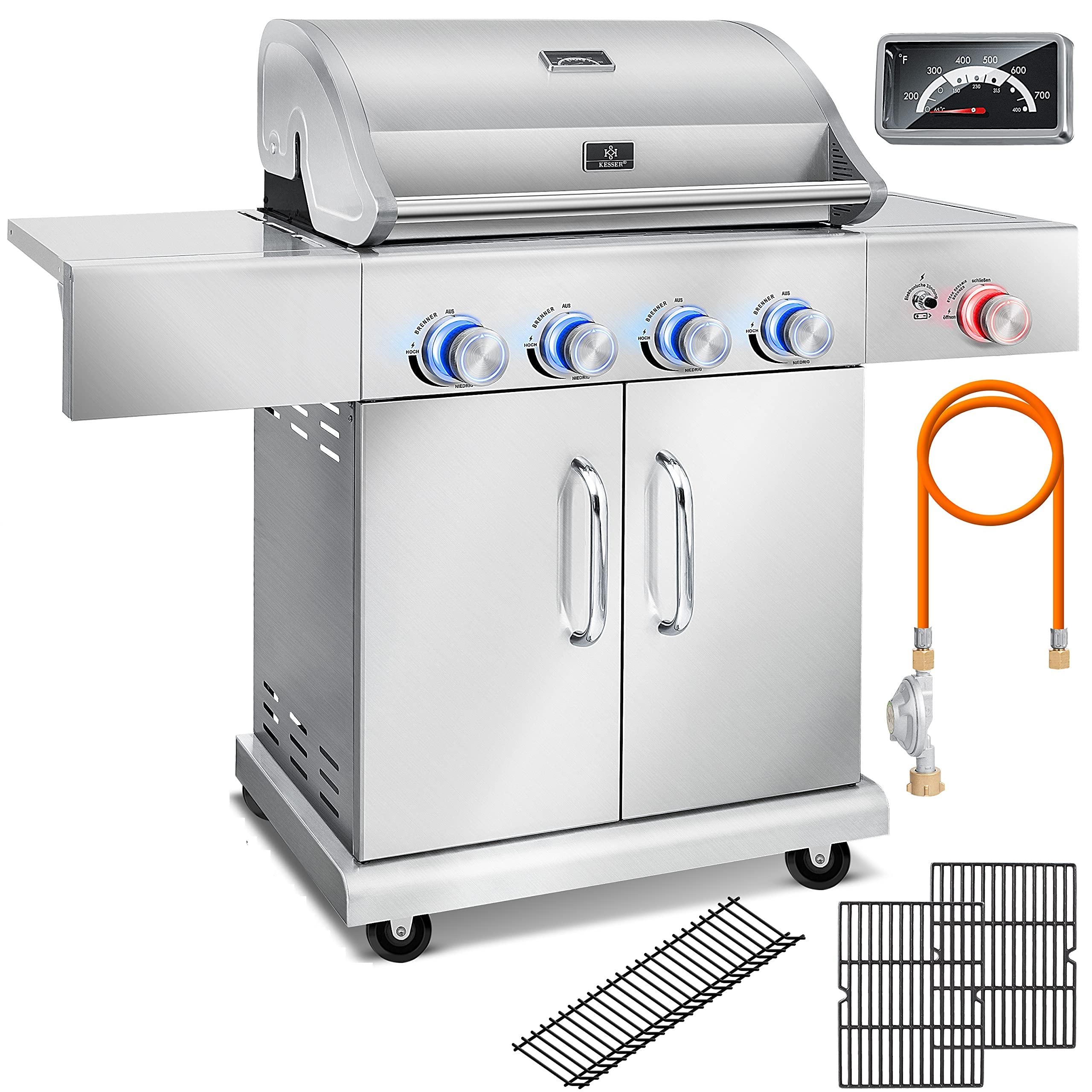 KESSER® Gasgrill Master BBQ mit 800°C Infrarot & Grill-Thermometer, LED-Beleuchtung, Keramik 4+1 Brenner aus Edelstahl XXL Grillwagen Grill, Seitenkocher, 5-11 KG Gasflasche Piezozündung Silber