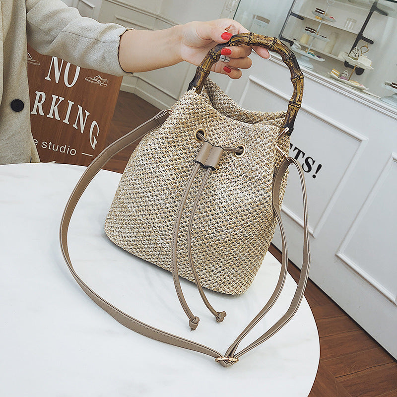 Bamboo Hand Bucket Shaped Woven Women's Bag One Shoulder Diagonal Bag