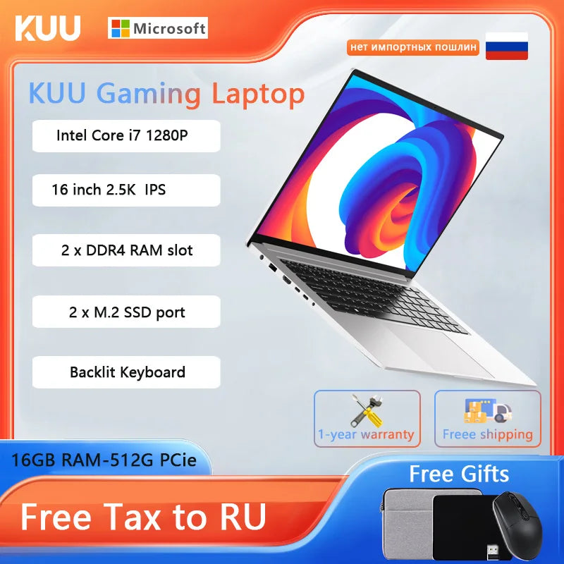 16 Inch Intel Core I7 1280P  Laptops 2.5K 16GB DDR4 512GPCIE Notebook WiFi 6  Backlit Keyboard Camera Gaming Computer
