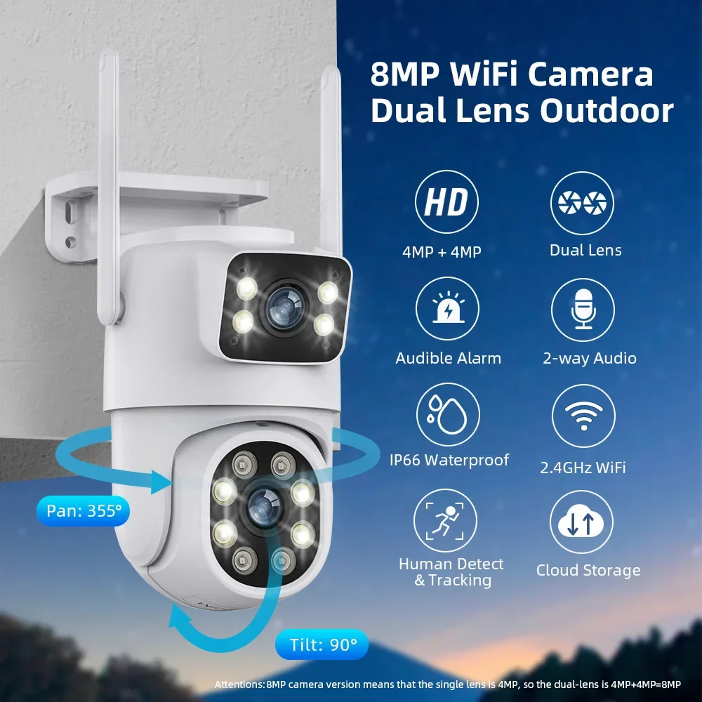 4K 8MP PTZ WIFI Camera Dual Lens Dual Screen IP Camera Outdoor 4MP HD Auto Tracking Security Protection CCTV Surveillance iCSee