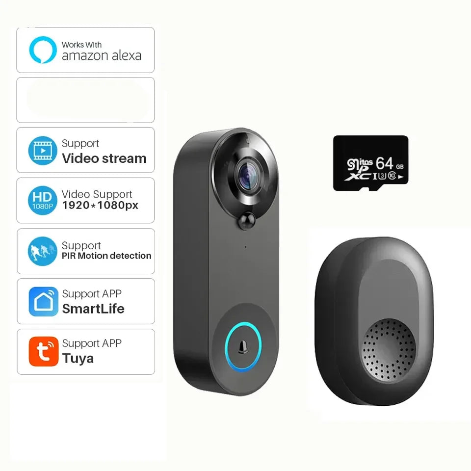 Tuya Smart Video Doorbell Camera 4400mAh Battery 1080P WiFi Intercom Door Bell Cam Two-Way Audio with Alexa Echo Show Home