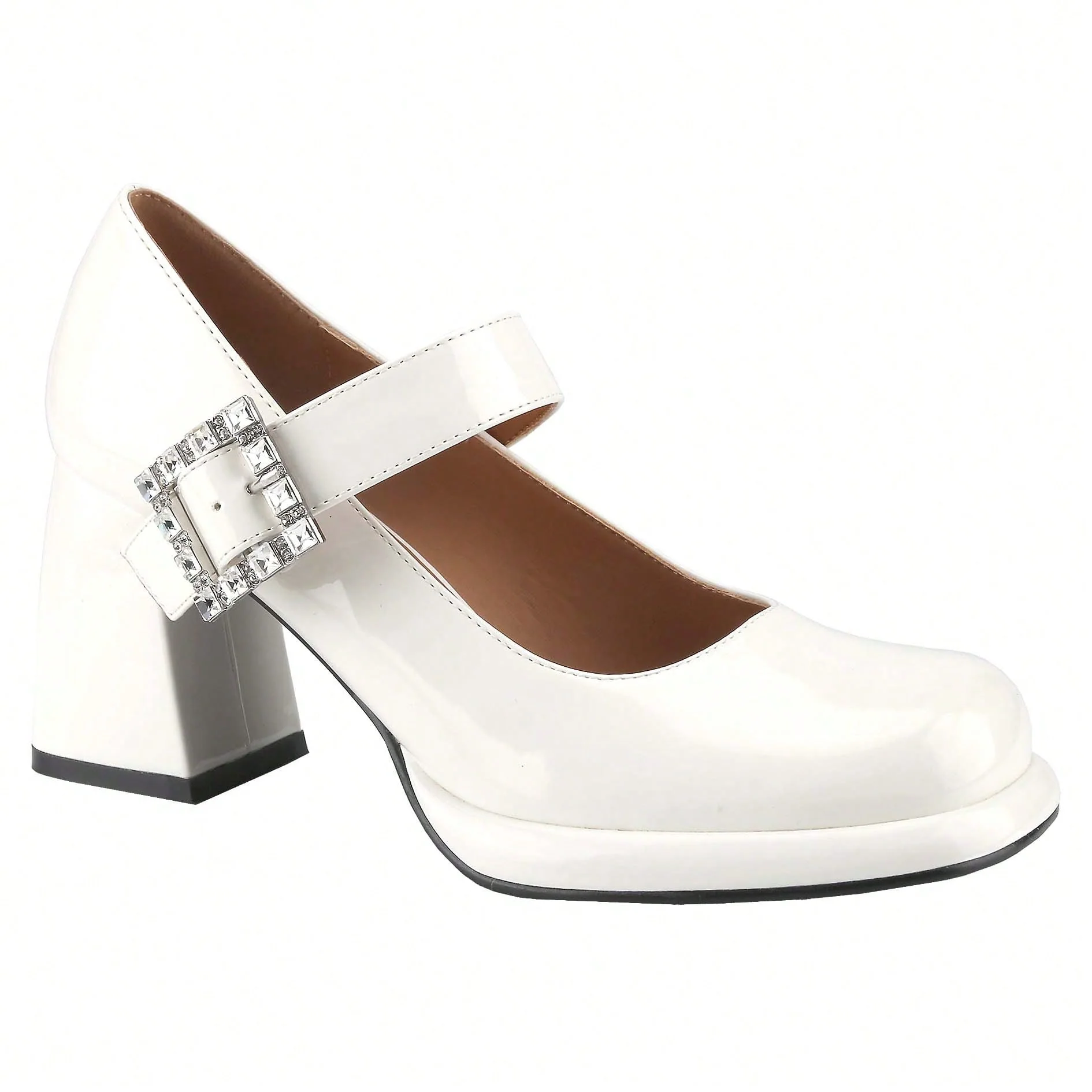 Mary Jane Shoes with Rhinestone Strap & Chunky Heels