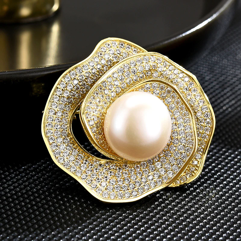 Diamond Camellia Brooch Pearl Corsage Brooch