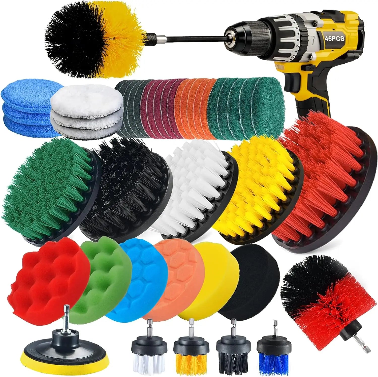 drill brush set - 45 Piece Drill Brush Attachment Set - All Purpose Power Clean Scrubber Brush Kit with Scrub Pads, Sponge, and Extendable Long Attachment