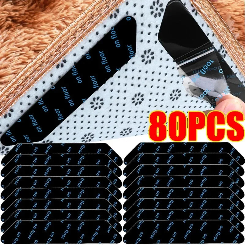 Non-Slip Carpet Sticker Set - 80 Pieces, Reusable Self-Adhesive Tape for Anti-Curling, Fixing Rugs and Mats