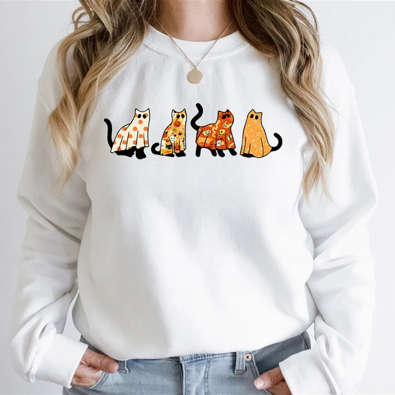 Halloween Hoodies Ghost Cats Graphic Sweatshirt