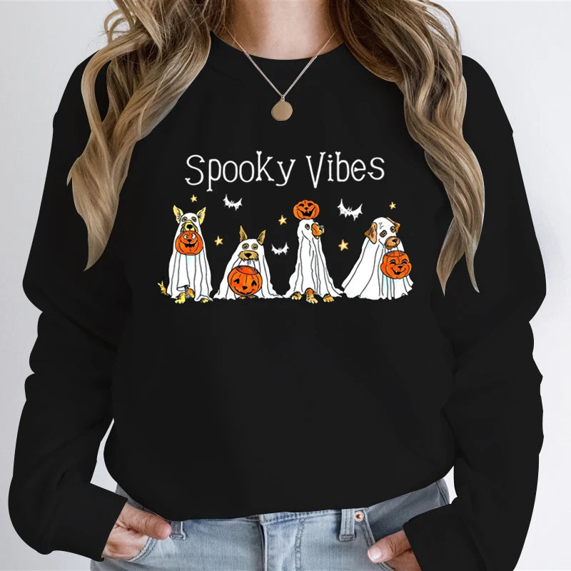 Ghost Dog Pumpkin Happy Halloween Sweatshirt Women