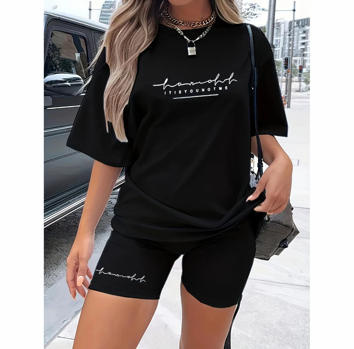 Casual Letter Print Two-piece Set, Crew Neck Short Sleeve T-Shirt & High Waist Skinny Shorts Outfits, Women's Clothing