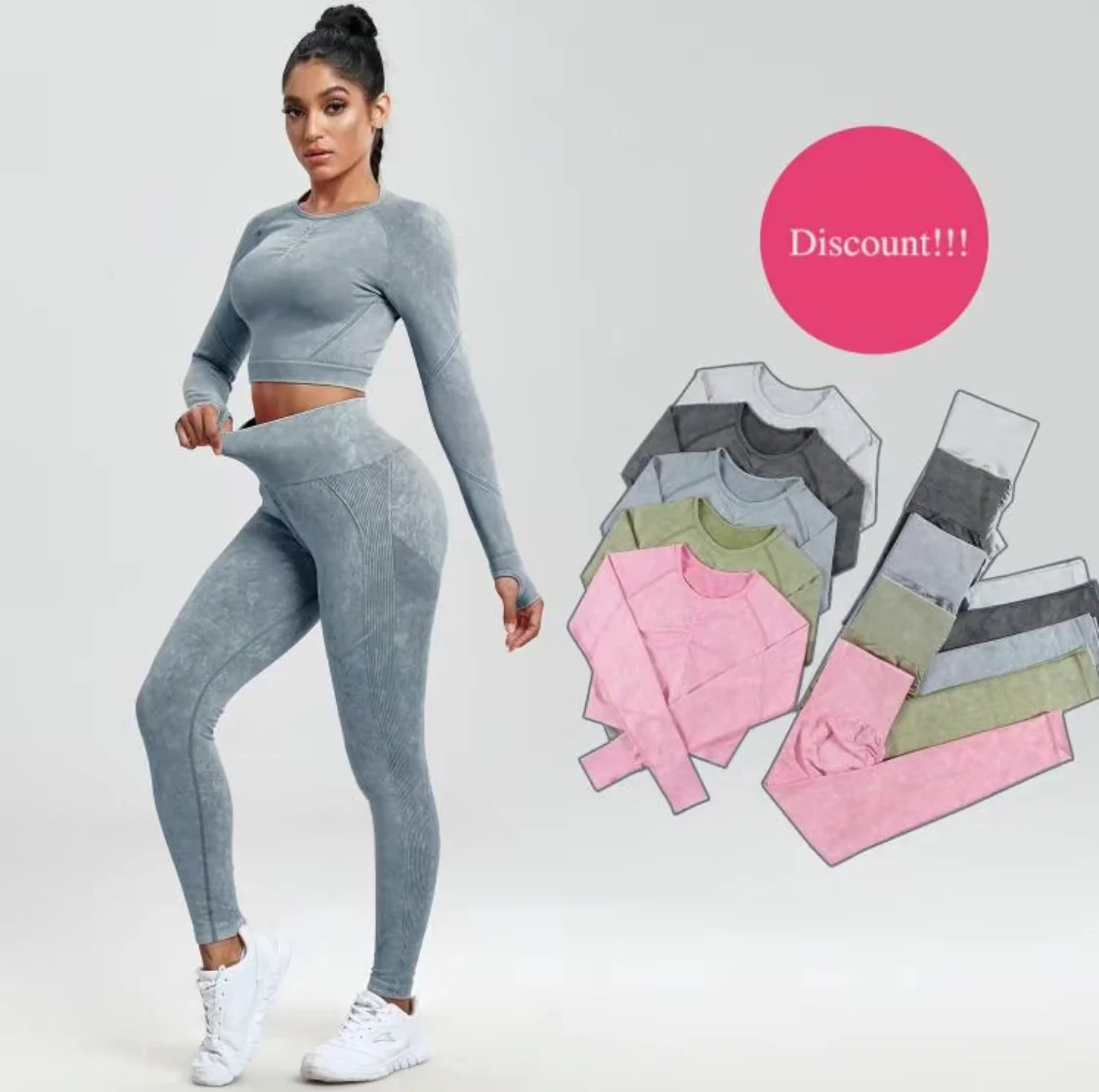 Sports Fitness - High Waist Hip-lifting Leggings Sets Long-Sleeved Suits Workout Clothes Gym Leggings Sets for Women