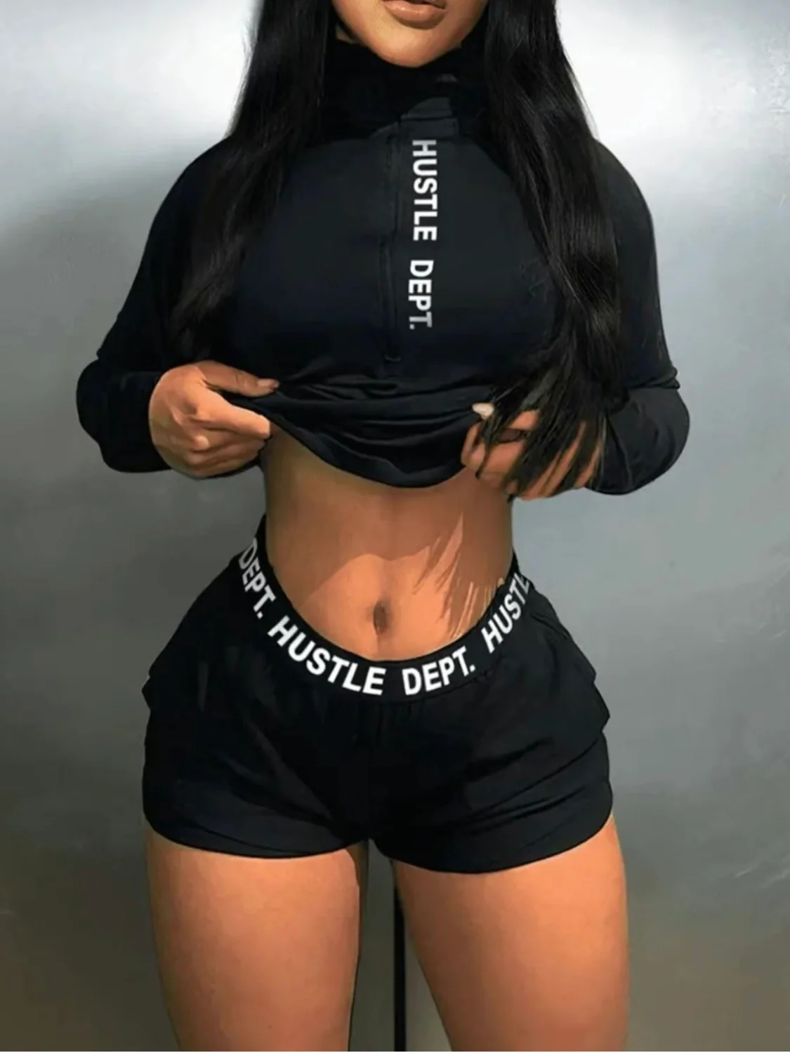 Women's Letter Print Long Sleeve Tee & Zipper Pocket Shorts Set, Casual High Neck T-shirt & Tape Shorts for Spring & Fall, Ladies Clothes for Daily Wear