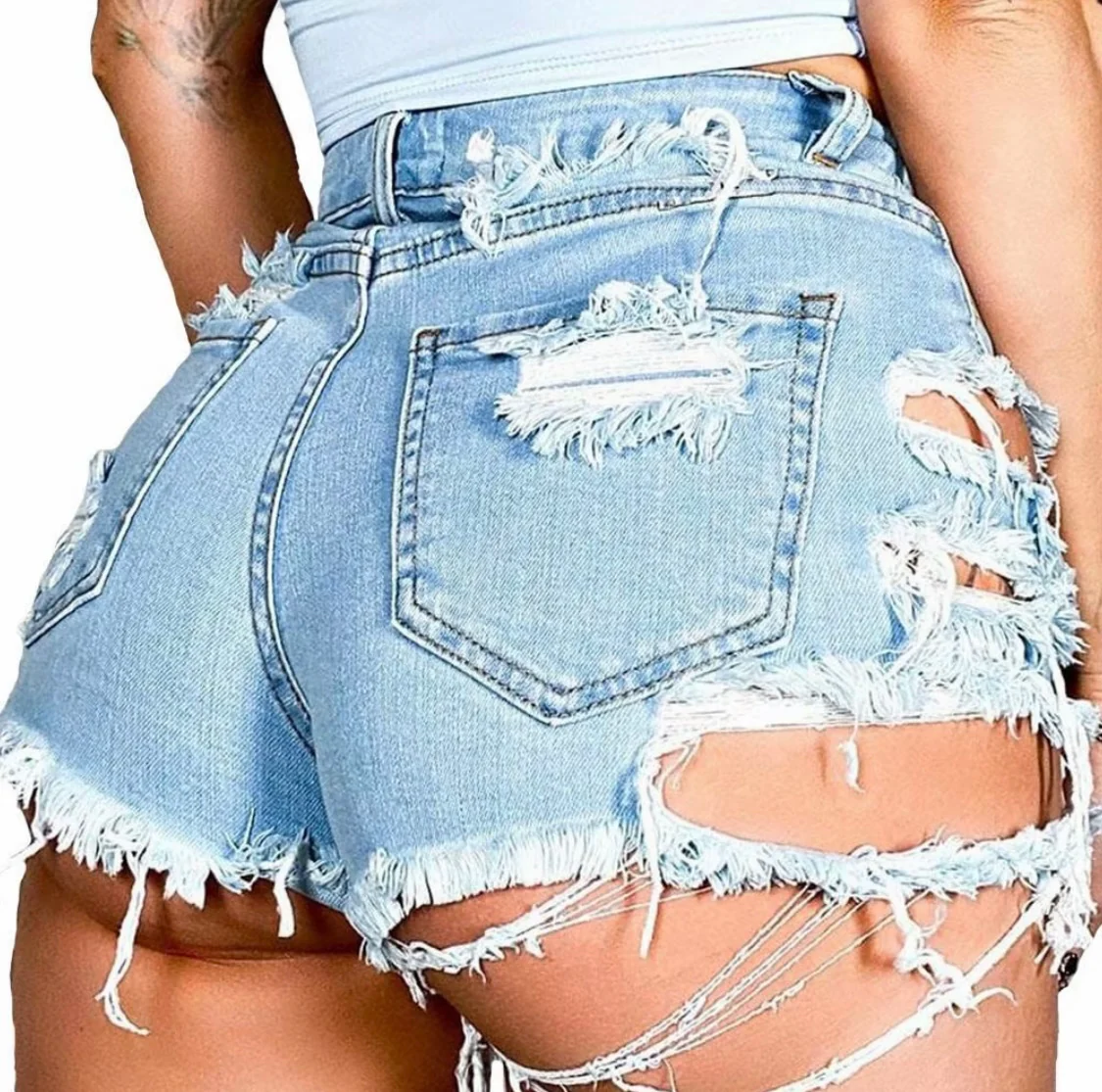 Women's Sexy Y2K Ripped Denim Shorts with Hollow Out Holes, High Waist, Irregular Tassel, Blue Slim Streetwear, Summer Fashion