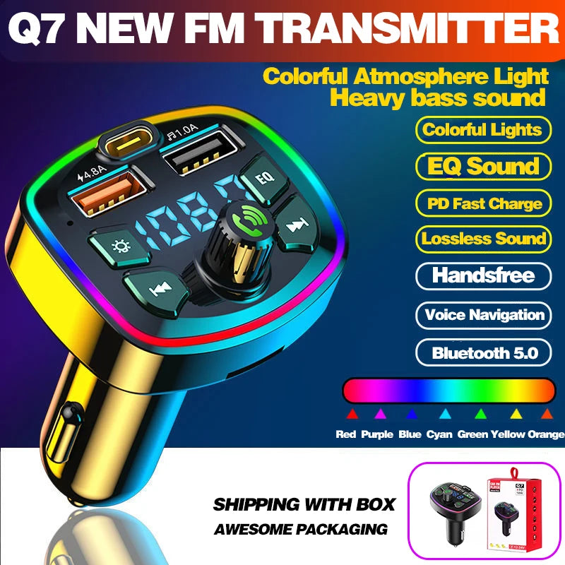 Bluetooth 5.0 Car Charger FM Transmitter PD 18W Dual USB Colorful Light MP3 Player