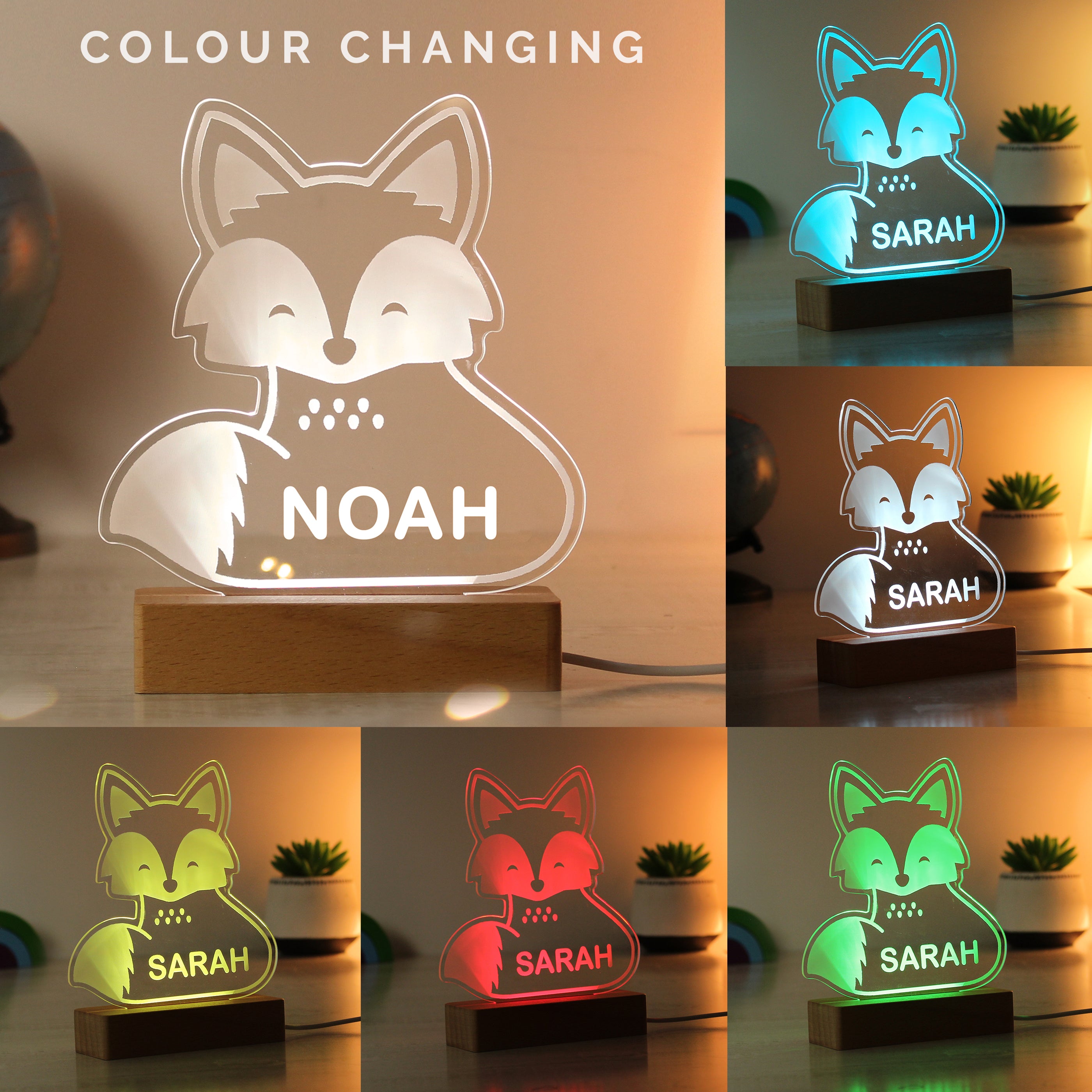 Personalised Fox Wooden Based LED Light