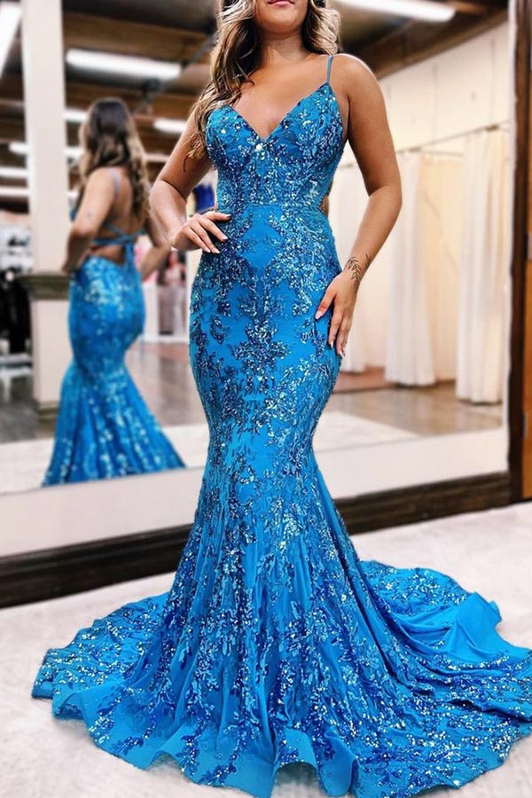 Peacock Blue Sparkly Fabulous Mermaid Evening Dress