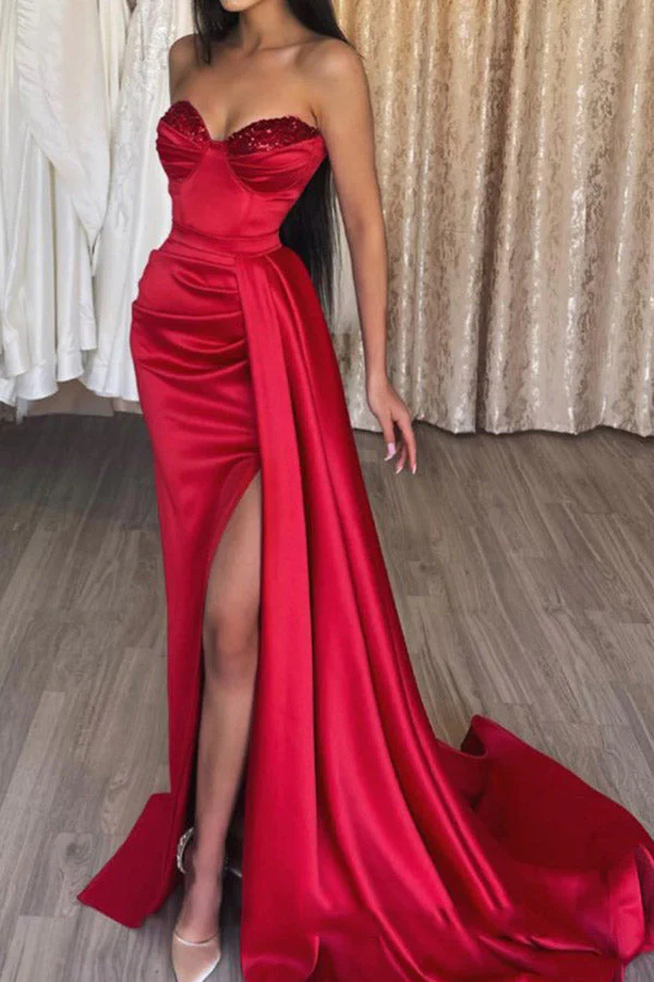 Strapless Burgundy Thigh-high Slit Corset Prom Dress