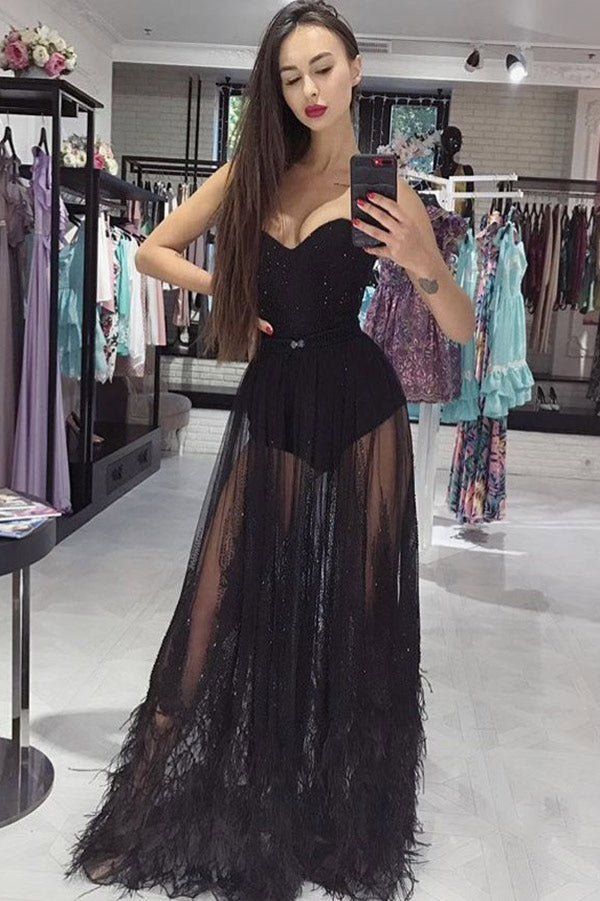 Sexy Black Strapless Corset Sheer Feather Prom Dress