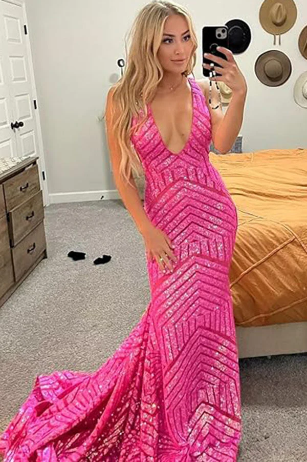 Sparkly Fuchsia Plunging Mermaid Formal Dress