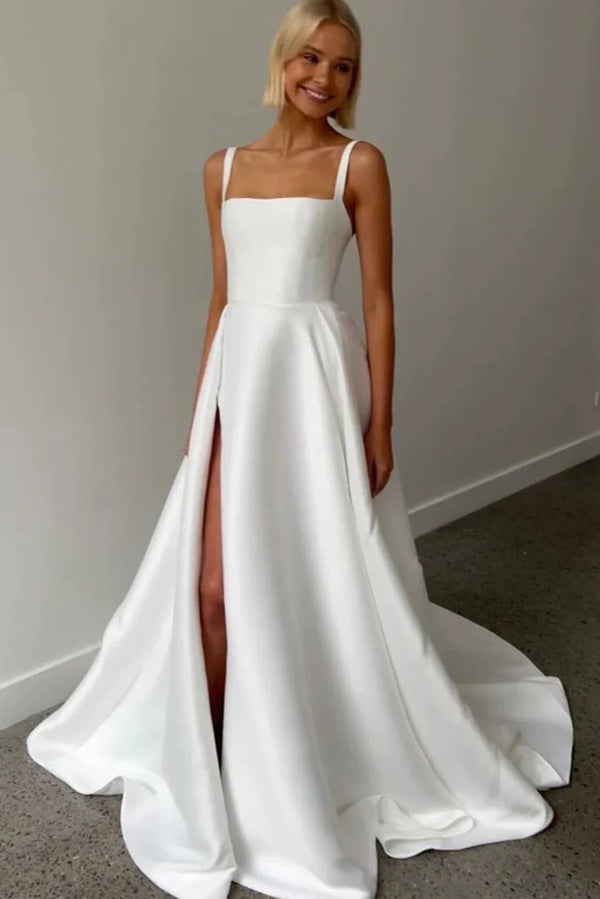 White Satin Square Neck Evening Dress Formal Gown