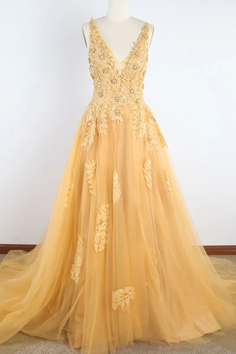 Fabulous Gold Deep V-neck Applique Wedding Dress Formal Gown