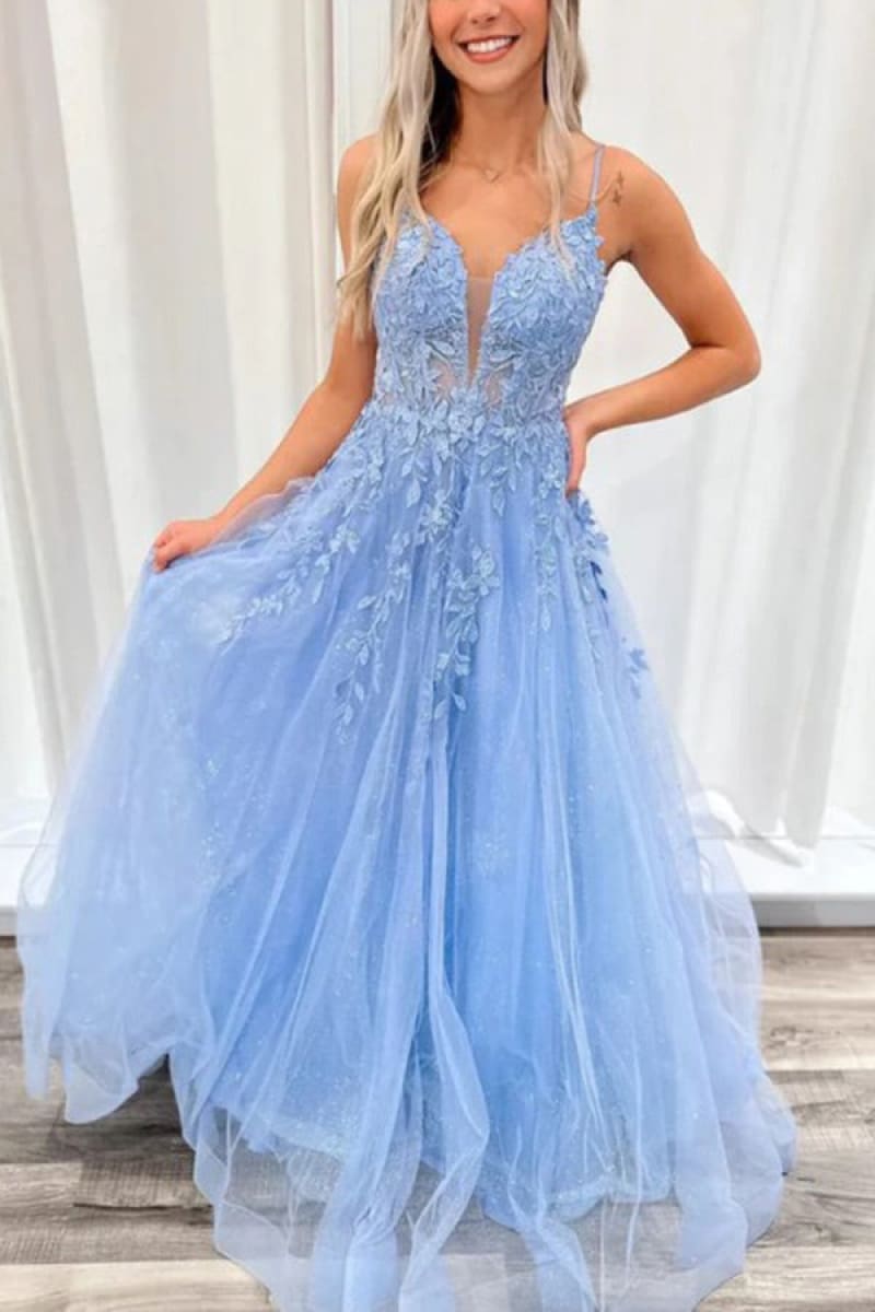 Sky Blue Plunging Applique A-line Prom Dress Evening Gown