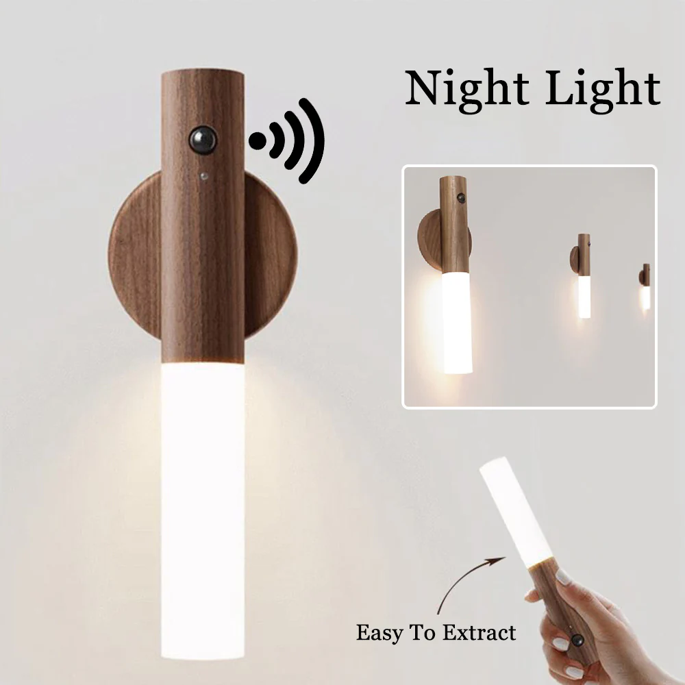 Auto LED USB Magnetic Night Light - Wireless PIR Sensor Wall Lamp for Corridors & Porches | Eco-Friendly Wood Design