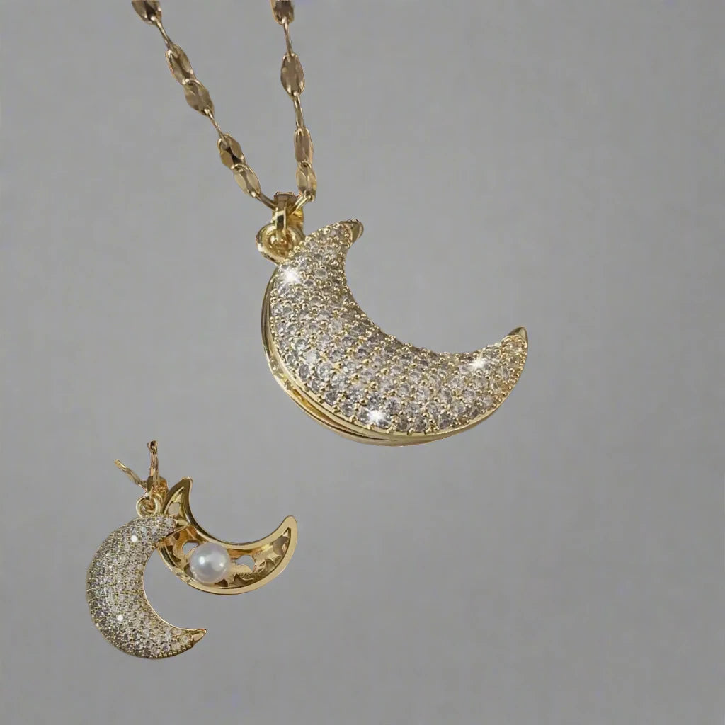 Double Moon Pearl Pendant Necklace